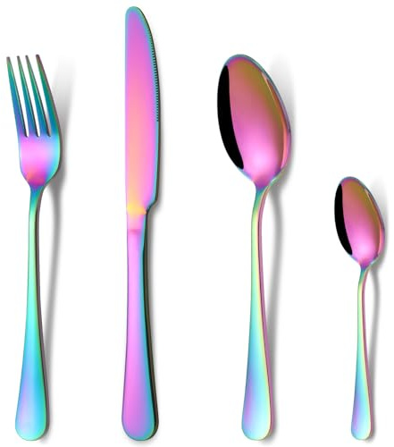 Cutlery Set Rainbow, HONKKU 48 Pieces Stainless Steel Flatware Set for 12 People, Mirror Polished Silverware Set with Spoon Knife and Fork Sets for Home Kitchen, Dishwasher Safe