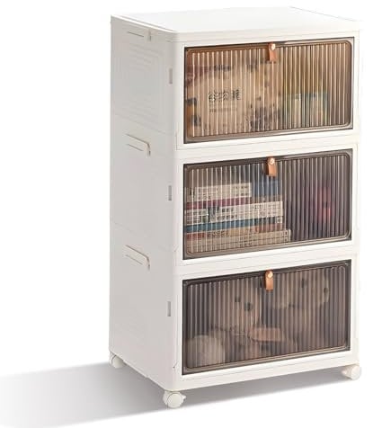 BTGGG 3 Tier Plastic Storage Boxes with Lid, 22L*3 Stackable Collapsible Storage Box on Wheels, Foldable Storage Drawers Box with Front Door, Plastic Containers for Living Room Bedroom Organisation