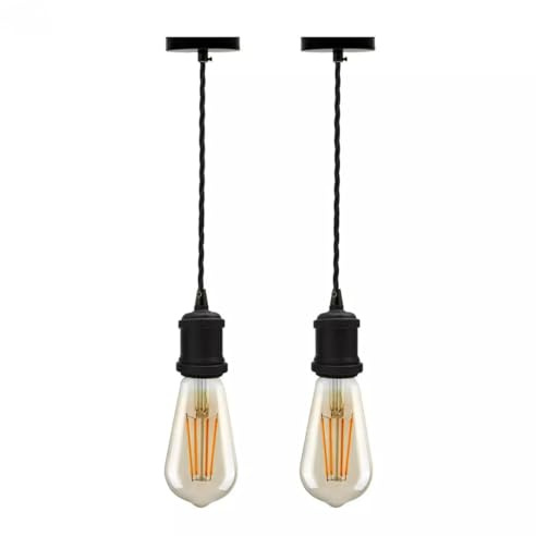 2 Pack Black E27 Pendant Light Fitting with 2m Adjustable Twisted Cable | Industrial Ceiling Hanging Lamp Holder & Ceiling Rose for Kitchen Island, Dining Room, Café & Bar