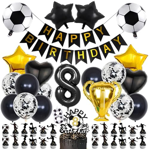 Fussball 8 Geburtstag Deko Schwarze Gold, Schwarz Zahlen 8 Luftballons Geburtstag, Folienballon Fußball, Konfetti Luftballons, Zahl 8 Kerze, mit Tortendeko, für 8 Jahre Kinder Anniversaire Party