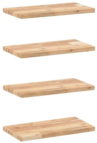 vidaXL Floating Shelves - Untreated Acacia Wood - Set of 4-60x20x2 cm - Wall-Mounted Storage - Space-Efficient Rectangular Shelving Units - Customisable Finish