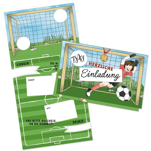 Papierdrachen 12 Einladungskarten Kindergeburtstag - Fußball - Sportfest - Motto-Party - Tor-Motiv - 350g-Karton - Junge - Mädchen