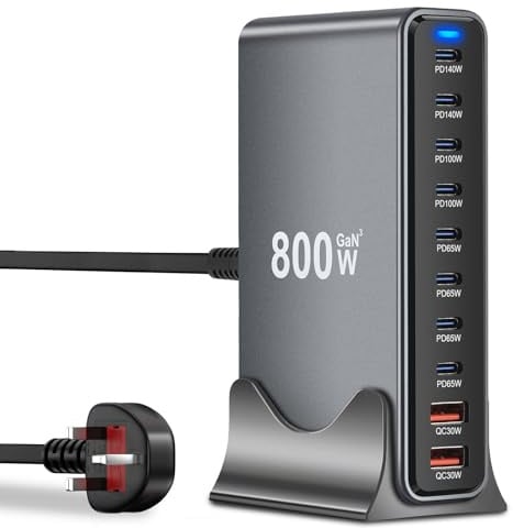 800W USB C Charger Station, 10 Ports GaN III Safe USB C Charging Station, Multi Port Fast Charger Power Adapter with PD 140W Laptop Charger, Compatible with MacBook Pro/Air, i-Phone, i-Pad, Galaxy
