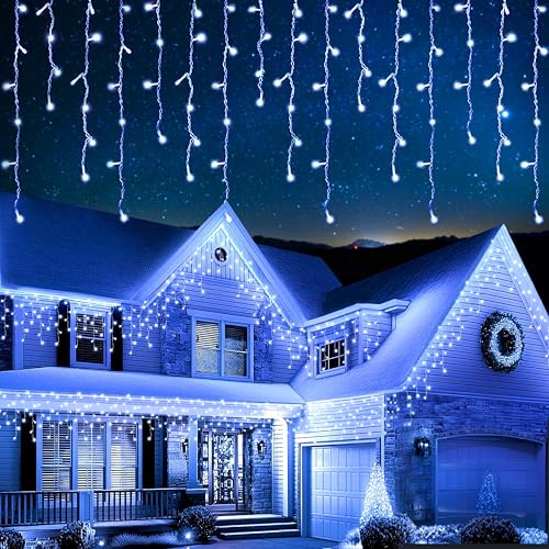 EcoNour Eiszapfen-Lichterkette für den Außenbereich, 500 LEDs, 17 m, kaltweiß, mit Timer für Weihnachten, Garten & Party | Netzbetriebenes, transparentes Kabel