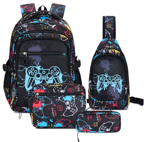 Amythe Schulrucksack Jungen Teenager, 4-tlg. Schulranzen ab 3. Klasse | Schultasche Set Jungen mit Brusttasche Brottasche Federmappe, Stilvoll Rucksack Schule Tagesrucksäcke, Schwarz, Schulstart