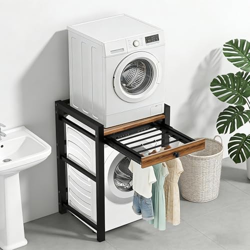 NomadNomics Estantería para lavadora, secadora y lavadora, estructura inferior con cajón, capacidad de carga de 350 kg, armario de lavadora para cuarto de baño, balcón (negro)