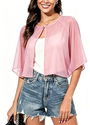 Vossmi Chiffon Elegant Boleros für Damen Sommer Casual Leicht Luftig Bolerojacke Transparente Strandjacke mit kurzen Ärmeln Cardigan Top Freizeit Stola Schulterjacke Rosa