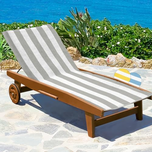 Beautissu Toalla para Tumbona con Capucha Antideslizante 100% Algodón Rayas | 75x200cm gris a rayas suave absorbente para hamaca jardín playa o piscina 15cm Funda bolsillo Cassis