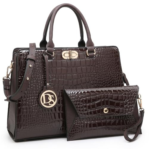 Dasein Designer Leder Sack Tasche Top Griff Schultertasche Vorhängeschloss Tasche mit Geldbörse für Frauen groß 10 Croco- Kaffee