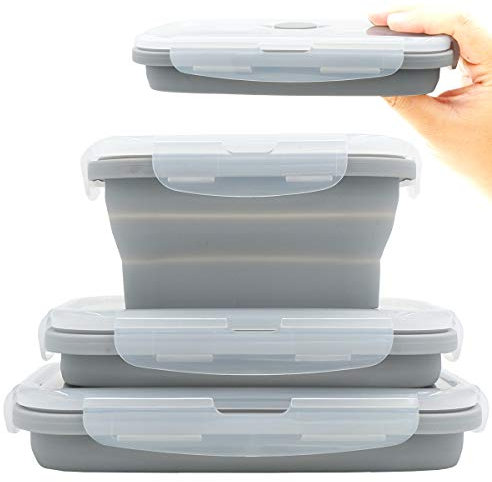 Duoyou Collapsible Silicone Lunch Bento Box, Portable Food Storage Container Outdoor Picnic Box Space Saving, Microwave, Dishwasher and Freezer Safe, 3 Pcs Set (Grey)