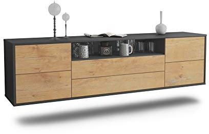 Dekati Lowboard Fort Wayne hängend (180x49x35cm) Korpus anthrazit matt - Front Holz-Design Eiche - Push to Open