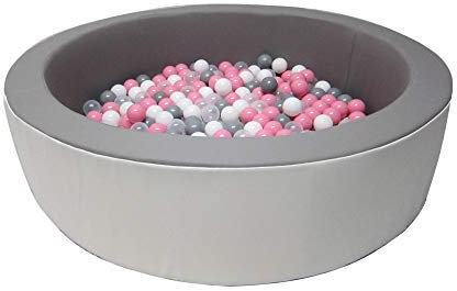 BällebadPOOL/BällebadBECKEN + 300 Bälle Rosa Mix (Tüv geprüft und Zertifiziert 2019) Rund Schaumstoff Bällebad Pool grau/weiß