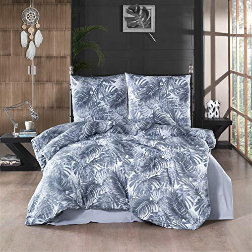 ZIRVEHOME Bettwäsche 135x200 cm. 2 teilig, Navy Blau Palmblatt Muster, 100% Baumwolle/Renforcé, Verdeckter Reißverschluss, Atmungsaktiver Bettbezug Set mit Kissenbezug 80x80 cm. Palma V1