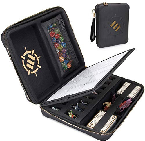 ENHANCE RPG-Organizer-Etui – DND-Ordner mit integriertem Charakterbogenhalter, Würfelrollbereich, herausnehmbarer Stifttasche, Miniatur-Schaumstoffablage (Schwarz)