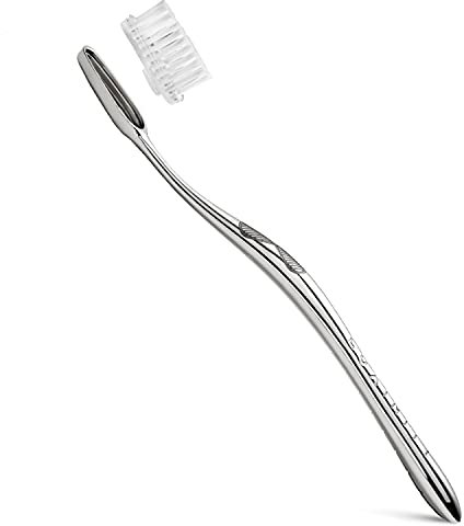 Luxinity Edelstahl Zahnbürste Handzahnbürste mit austauschbarem Wechselkopf- Starterset inkl. 1 Borstenkopf Medium 'Hochglanz', mit Anti-Rutsch-Gravur