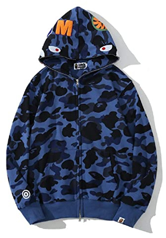Yumenam Huvtröja för herr med hajhuvudtryck, dragkedja, huvjacka, långärmad kofta, Hip Hop-toppar, sweatshirt, kamouflage, huvjacka