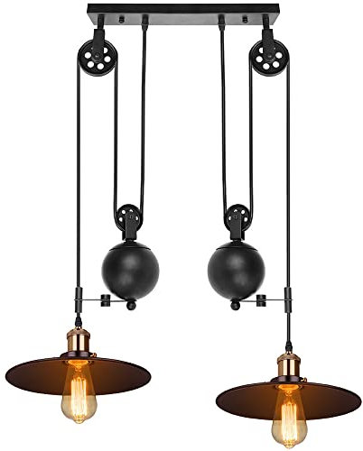 iDEGU 2-flammig Hängelampe Industrielle Pendelleuchte mit Riemenscheibe System Vintage Hängeleuchte 26cm Lampenschirm Schwarz Deckenleuchte für Esszimmer Küche Restaurant Wohnzimmer