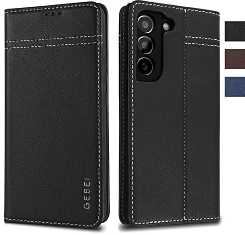 Hülle Echt Leder für Samsung Galaxy S21 FE 5G - Premium Echte Lederhülle mit Standfunktion Kartenfach Magnetverschluss Flip Case Ledertasche Handyhülle Schutzhülle Klapphülle – Schwarz