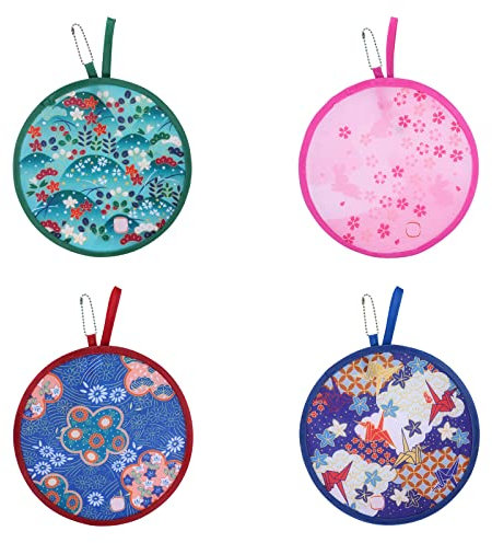 KINBOM 4pcs Folding Round Hand Fans, Japanese Style Flower Folding Fan for Women Girls, Daily Use, Wedding Party, Home Decoration