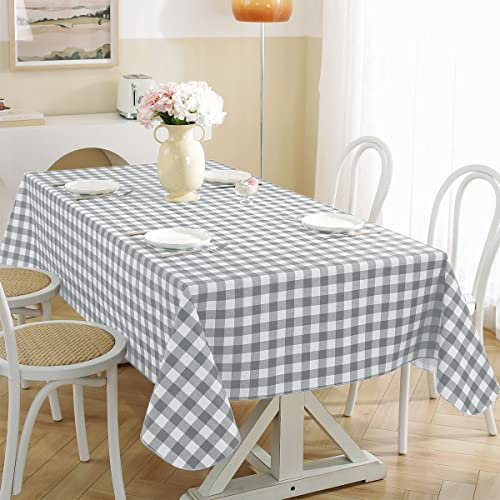 Buffalo Karierte Vinyl-Tischdecke mit Flanell-Rückseite, rechteckig, Flecken- und Kratzfest, kariert, Kunststoff-Tischdecke für Esszimmer, Party, drinnen und draußen, Grau und Weiß