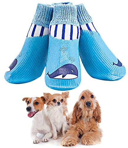 Avaner 4 Stücke Hundeschuhe Wal Muster Hundesocken mit Weiche Gummi wasserdichte Schmutzabweisende Outdoor Sportschuhe rutschfeste Pfotenschutz Socken Antirutschsocken für kleine Hunde Haustiere Blau