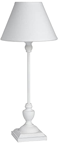 White Washed Wood Vintage Rustic Candlestick Table Lamp with Linen Fabric Tapered Shade | 45cm Height | 1 x SES E14 Lamp Bulb Required | UK Approved | in-Line On Off Switch | Wooden Lathe Turned
