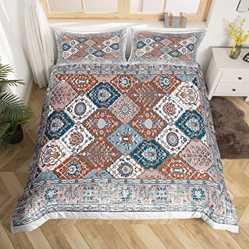 Vintage Plaid Bettwäsche Sets 200x200 Persischer Stil Tröster Abdeckung, Retro Bohemian Bett Set Tribal Paisley Bettbezug, Oriental Medaillon Quilt Cover Frauen Mädchen Ästhetische Schlafzimmer Dekor
