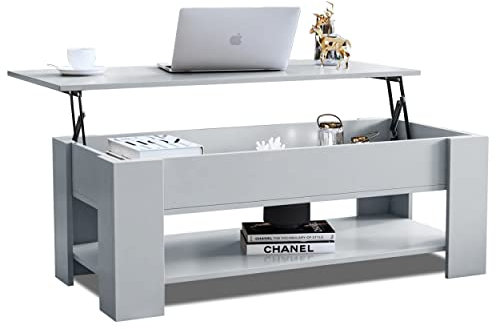 Blisswood Coffee Table, Lift Up Coffee Table For Living Room, Wooden Coffee Tables With Storage Large Hidden Storage Rectangular Lift-Top with1 Shelf Sofa End Tea Table, Grey, 120x60x(49.5-62.5) H cm