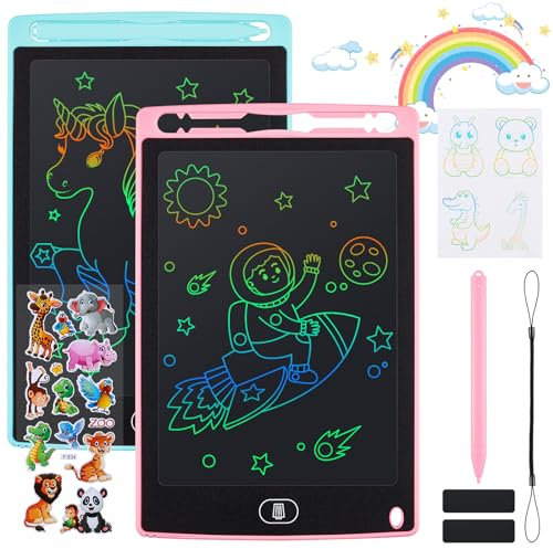 Damcyer 2 PCS Tableta de Escritura LCD 8,5 Pulgadas,Tablero de Dibujo Electrónico con Pantalla Colorida,Cuaderno Borrable con Pegatinas de Animales, para Niños y Niñas de 3 4 5 6 Años,Azul + Rosa