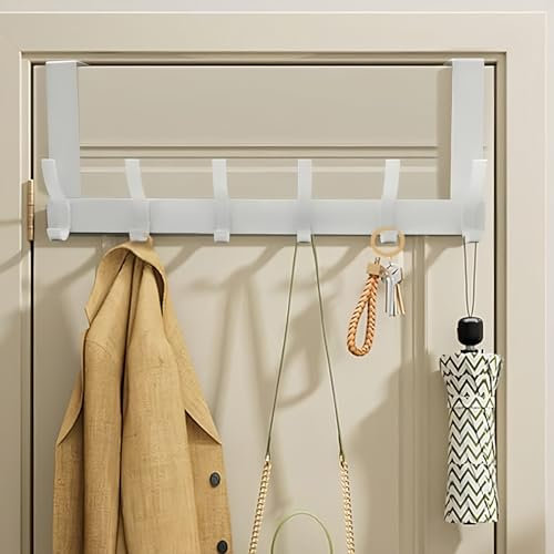 DONGDA Türgarderobe mit 6 Haken, Edelstahl Kleiderhaken Tür Einhängen, Türhaken Zum Einhängen Praktisch Türhakenleiste, Anti-Rutsch Handtuchhalter Tür Garderobe zum Einhängen für Badezimmer, Weiß