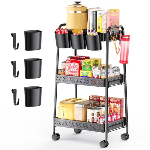 PKBD 3-Tier Storage Trolley on Wheels, Metal Rolling Trolley Cart with Lockable Wheels & 3 Hanging Baskets & 3 Hooks, Tools-free Easy Assembly, for Bathroom, Kitchen, Office, Workshop, Beauty, Black