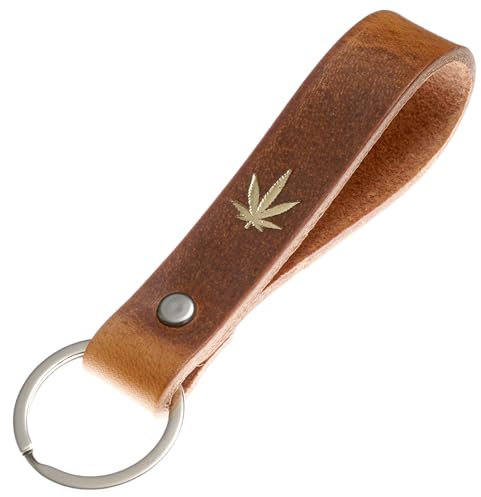 ELBERCRAFT® Schlüsselanhänger Leder Cannabisblatt der Schlüssel Organizer für deine Schlüsseltasche keychain made in Germany braun Gravur gold