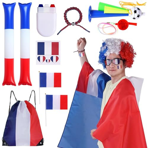 CoolChange Grand Paquet de Supporter de France pour la Coupe d'europe 2024 | 11 pièces | avec Cape Tricolore, Drapeaux, Trompe, Baguettes de Fan, etc. (Hommes France)