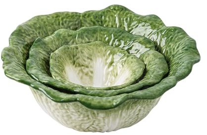 KXZ Green Cabbage Serving Bowl Set of 3 for Kitchen - Extra Large 60oz, 16oz, 5oz Nesting Mixing Bowls, Porcelain Dishes for Salad, Entertaining, Fruit, Vintage, Decorative, Ceramic Pho Soup Tureen