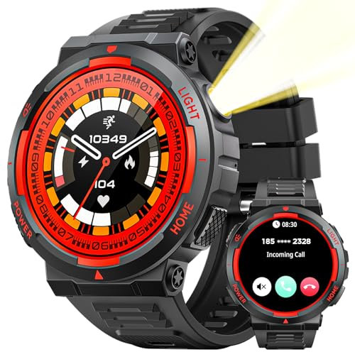 JELLOO Militär-Smartwatch für Herren (Annehmen/Tätigen von Anrufen), 3 ATM wasserdicht, LED-Taschenlampe, über 100 Sport-Modi, taktische Smartwatch mit Herzfrequenz-SpO2-Schlafmonitor für iOS und