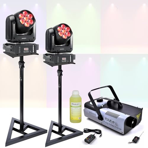 Ibiza - Pack de 2 Lyres DMX LED RGB Ibiza Light E-WASH100 100W - 2 pieds Supports SST02 - Machine à Fumée 1200W - Anniversaire Fête Dj