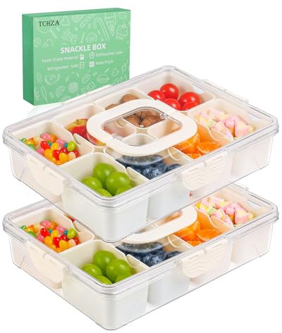 2 Pcak Snackle Box Container - Divided Serving Tray with Lid and Handle - Dishwasher Safety, Charcuterie Board for Portable Snack Platters - Clear Organizer for Fruits Snacks,Perfect for Road Travel