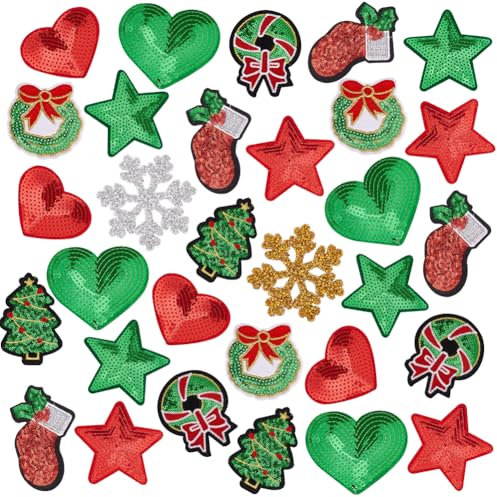PH PandaHall 30Pcs Christmas Iron on Patches Bling Sequins Rhinestone Sew on Patches Christmas Patches Decorative Embroidered for DIY Crafts Clothing Jeans Hat Tshirt Jackets Decor