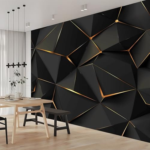 Art Fototapete Geometrische Goldene Linien Schwarz 350x256 cm Vlies Tapeten 3D Effekt Moderne Wandtapete Wohnzimmer Schlafzimmer Wandbilder Wand