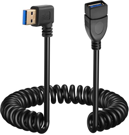 CERRXIAN 4FT USB 3.0 Extension Cable, Coiled USB A Male to Female Cord 5V / 2A 5G High Data Transfer for Phone, USB Hub, Keyboard, Camera, Hard Drive, Headset, Printer (Left Angle)
