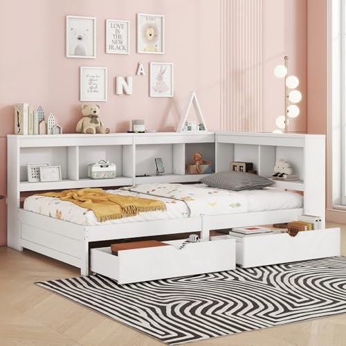 Rtopsu Kinderbett Schlafsofa Tagesbett 90x200 cm mit USB-Ladefunktion, Bett mit Stauraum Schubladen Bücherregal und Kopfteil, Sofabett Bettgestell mit Lattenrost aus Holz, Weiß, Ohne Matratze