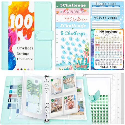 TAOPE A5 Binder mit Budget Planner Zubehör, A5 Ringbuch Kunstleder, Ringbuch A5 Nachfüllbar mit klaren Umschlägen Taschen, 100 Envelope Saving Challenge Einsätze, Blau Budget Binder A5 Für Büro Schule