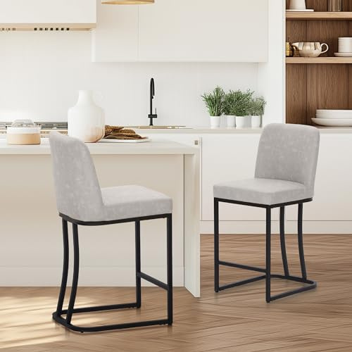 ALPHA HOME Set of 2 Bar Stools Breakfast Chair Pu Leather Kitchen Stools with Backrest Bar Stools with Footrest for Kitchen Counter Sturdy Metal Steel Frame, Light Gray