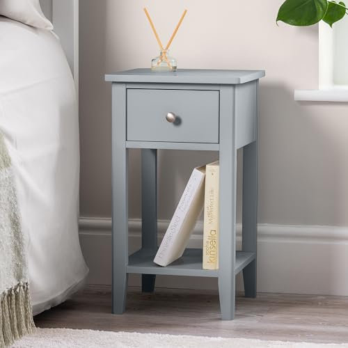 CHRISTOW Slim Grey Bedside Table With Drawer & Shelf, Modern Narrow Bedroom Nightstand, Wooden MDF Side End Stand for Living Room Hallway Sofa, Brushed Chrome Handle (H57cm x W32cm x D32cm)