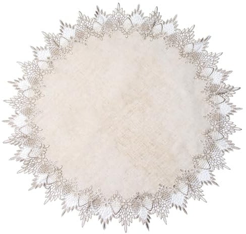 URROMA Runde Deckchen aus Leinen, 71,1 x 71,1 cm, Beige mit Spitzenbesatz, Couchtischauflage, Tischdekoration, Tischdecke für Esszimmer, Küche (70 x 70 cm)