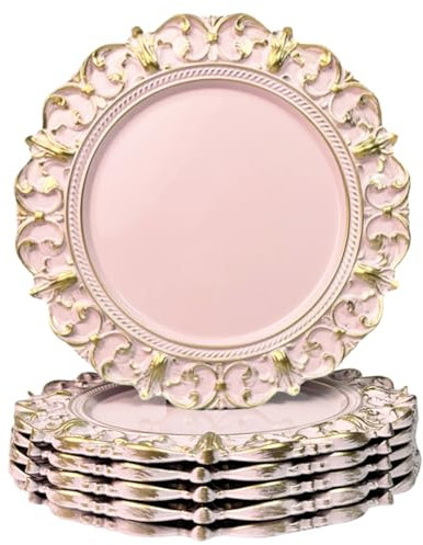 UOEKCS Pink Charger Plates, 13 Inch Plate Chargers for Dinner Plates. Set of 6 Plastic Embossed Charger for Dinner, Party, Wedding.