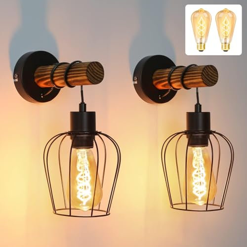 ZMH 2er Wandleuchte innen Holz Wandlampe Vintage Retro mit Schalter Industrial Design E27 Wandstrahler 1 Flammig Schwarz mit 2 × 4W Leuchtmittel aus Metall Wandspot für Schlafzimmer Wohnzimmer Flur