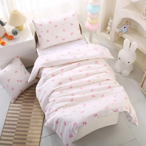 HMtideby Pink bowknot Toddler Kids Bedding Set for Girls, Cot Bed Duvet Cover with Pillowcase, 2 pcs, 120 x 150 cm