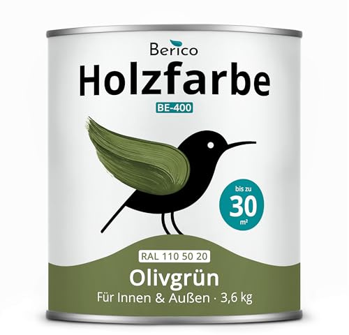 Berico Holzfarbe 3,6 Kg - 4in1 Premium Holzlack - RAL 1105020 Olivgrün | Robuster Holz- & Wetterschutz inkl. Grundierung, für Innen & Außen, schnelle Trocknung, hohe Deckkraft