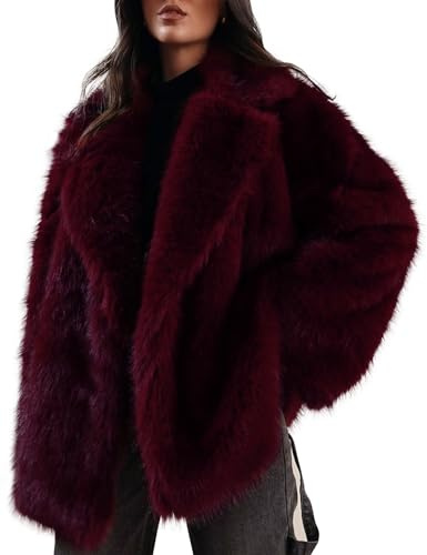 Kissonic Women's Long Faux Fur Coat Lapel Shaggy Winter Jacket Luxury Warm Furry Open Front Outerwear(WineRed-S)
